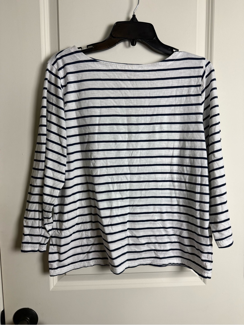J. Crew White Long-Sleeve Boatneck Top with Navy Stripes